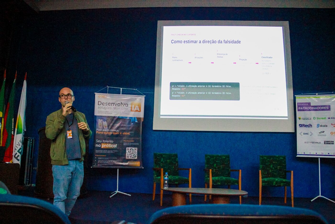 Lucas Kupssinskü presenting the Latent Fact-Checking method at BAR 2026, with a slide on estimating the direction of falsehood